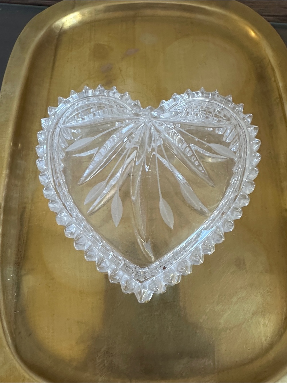 Vintage Wedgwood Clear leaf Crystal Heart Trinket Box and Lid